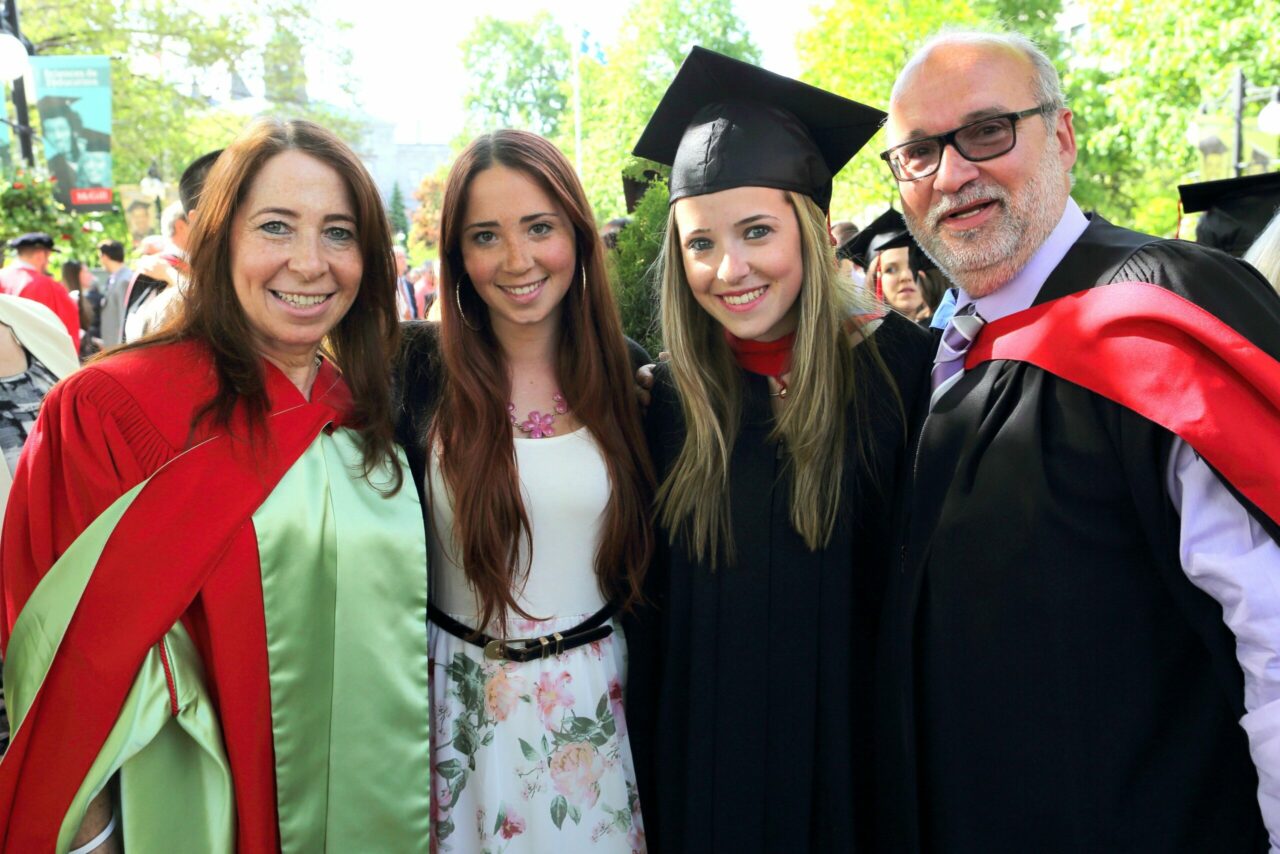 Dr. Annette Majnemer ( Director & Associate Dean / Physical and Occupational Therapy, School), Meaghan Shevell (2014 BA graduate with double major in Psychology and Anthropology), Dr. Allison Shevell (MDCM ’14) and Dr. Michael Shevell (Chair, Department of Pediatrics at McGill and Pediatrician0in-Chief, Montreal Children’s Hospital) (Photo: Owen Egan)