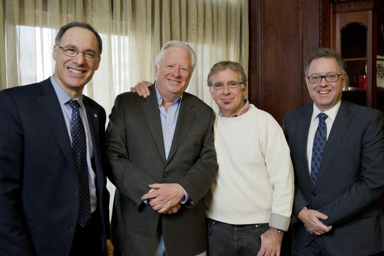 Dean Eidelman, brothers Daniel and Jimmy Kaufman, and Marc Weinstein honour the memory of Richard Kaufman, BCom’64, who left a $1.4 million bequest to the Faculty of Medicine to be used for research related to heart diseases. Photo: Nicolas Morin