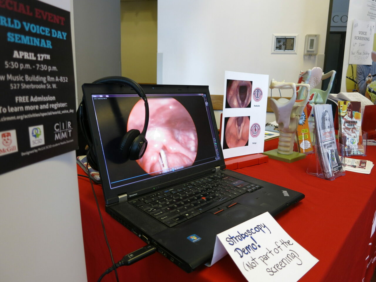 Awareness Booth displaying a stroboscopy video of the SCSD students themselves. (Photo: Céliane Trudel) 
