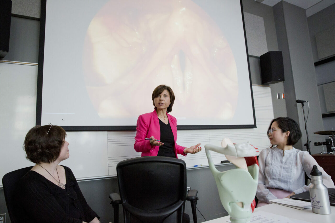 Speech pathologist, Glenna Waters; Laryngologist, Karen Kost; SCSD professor, Nicole Li talking about vocal fold pathology. Photo: Nicolas Morin