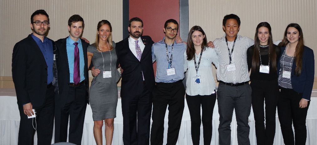 Members of the regroupement étudiant de l'AMQ (frm left to right) : Charles Hesswani, Samuel Rodriguez-Qizilbash, Claudie Dandurand-Bolduc, Colin Laverty, Denis Yahiaoui, Taylor Aust, Patrick Wang, Laurence Labine and Aline D Khatchikian