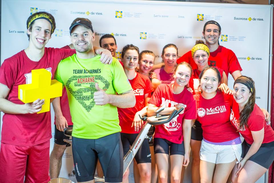 François Gagnon (front left) with his friend and role model, the late Alexandre Charest, and other students participating in the 2016 Great Spin.