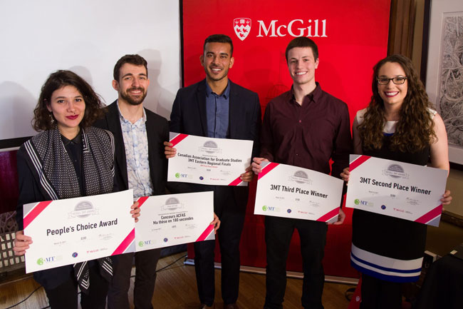 The winners of this year’s 3-Minute Thesis / Ma thèse en 180 secondes (from left to right): Laura-Joy Boulos, People’s Choice Award; Olivier Sulpis, winner, Ma thèse en 180 secondes; Kashif Khan, winner, 3MT; Nicholas Zelt, 3rd place, 3MT; and Necola Guerrina, 2nd place, 3MT. / Photo: Owen Egan