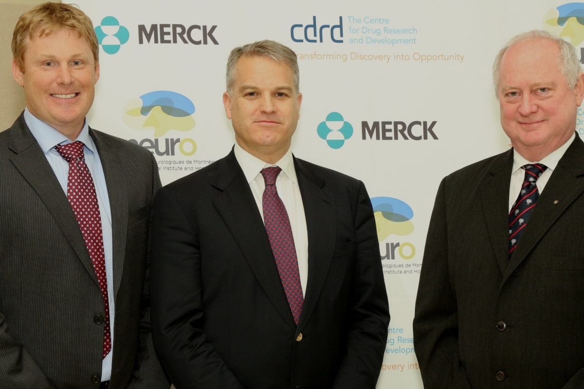 From left to right, Dr. Sean Smith, Executive Director of Neuroscience Discovery, Merck, Gordon McCauley, President and CEO of CDRD, and Dr. Guy Rouleau, Director of the Montreal Neurological Institute and Hospital.